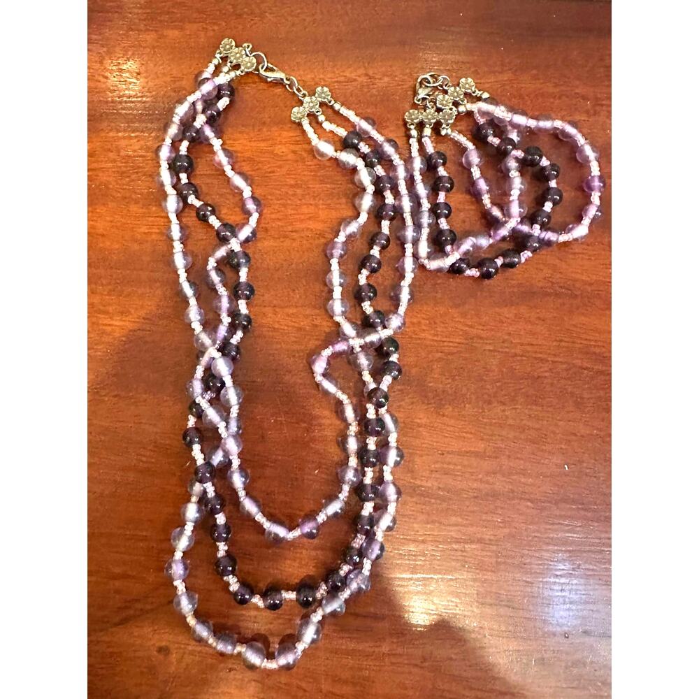 Purple Glass Beaded Necklace Bracelet Jewelry Set Boho Bohemian Beads
